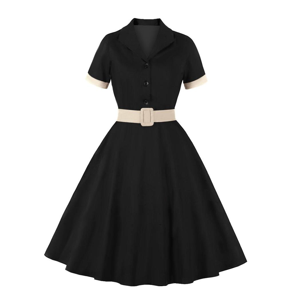 Women s retro style plaid dress with belt and lapel collar, midi dresses with short sleeves for bridesmaids, evening cocktail wear, celebrity outfit XXL чёрный