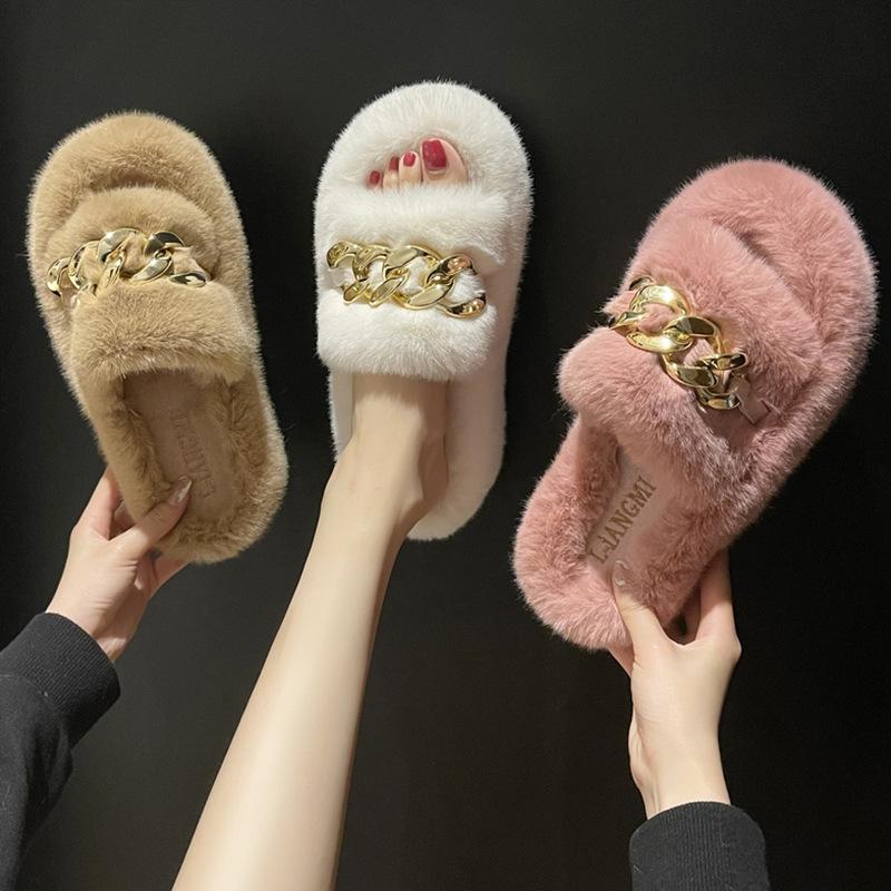 Thick-soled Mao Mao slippers women's outer wear 2025 new autumn and winter Mao Mao shoes home chain stepping on shit feeling one-word cotton drag