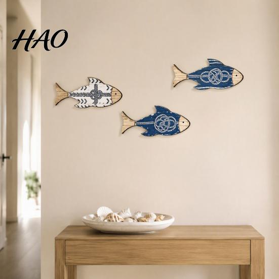 Nautical Bathroom Accessories 3Pcs/Set Wooden Fish Wall Decor, Knot Print Decorations, Coastal Rustic Wood Decor Style Art for Beach House Home