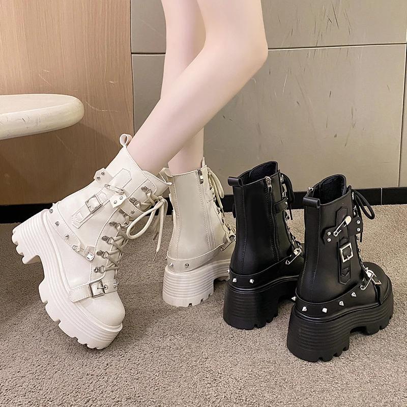 Fashion New Women Leather Punk Boots High Platform Chunky Sneakers Autumn 9CM Wedge Heels Mid-Calf Boots Woman Winter Motorcycle Boots