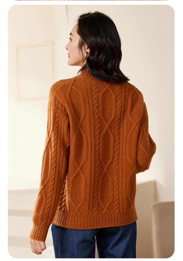 Women's Heavy Knit Wool Cashmere Cable Sweater with Half-High Neck - New Loose Fit for Autumn/Winter