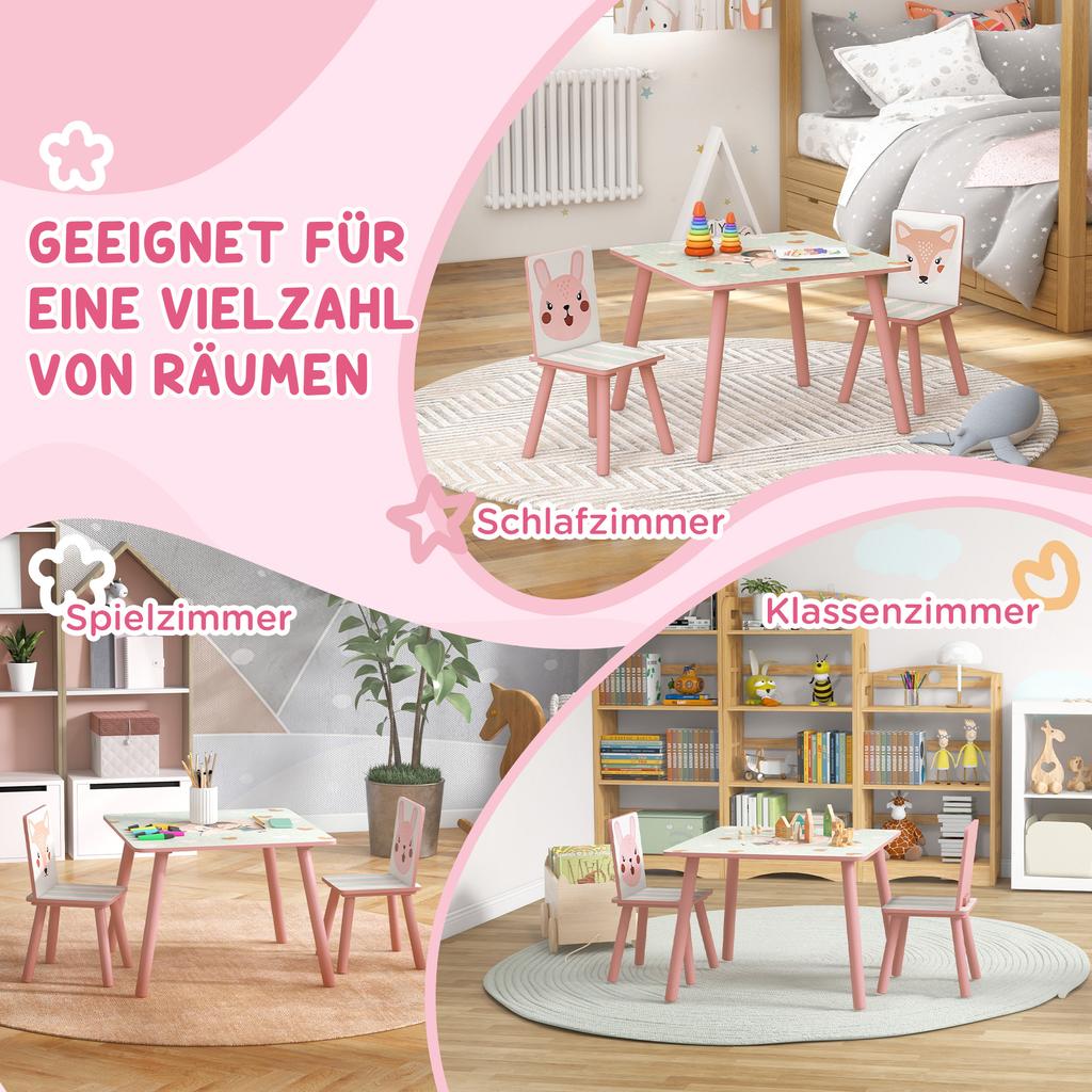 Children's Seating Set Made of Pine Wood, Table with 2 Chairs, Animal Motif, Children's Room, 3-8 Years, Pink