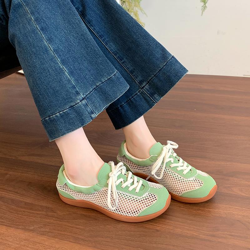 Fashion Flat Ballet Mesh Single Shoes Summer New Round Toe Spliced Front Lace-Up Lightweight Versatile Breathable Sneakers