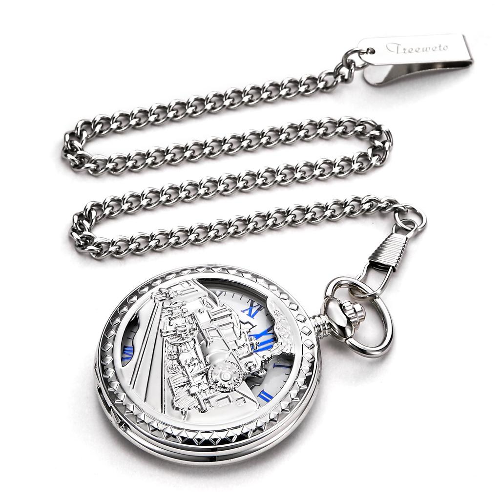 TREEWETO Mechanische Taschenuhr Antik Römisch mit Kette, Eisenbahn-Thema Skelett, Ziffern, Silber,