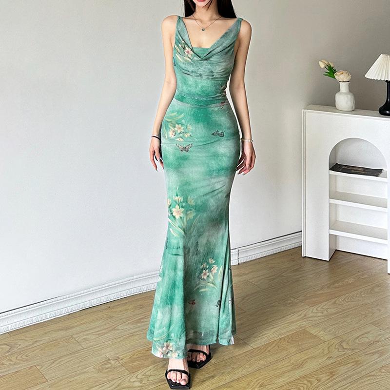 Women's Retro Pastoral Style Butterfly Flower Print Swing Collar Sleeveless Vest Dress Waist Slimming Temperament Royal Sister Dress