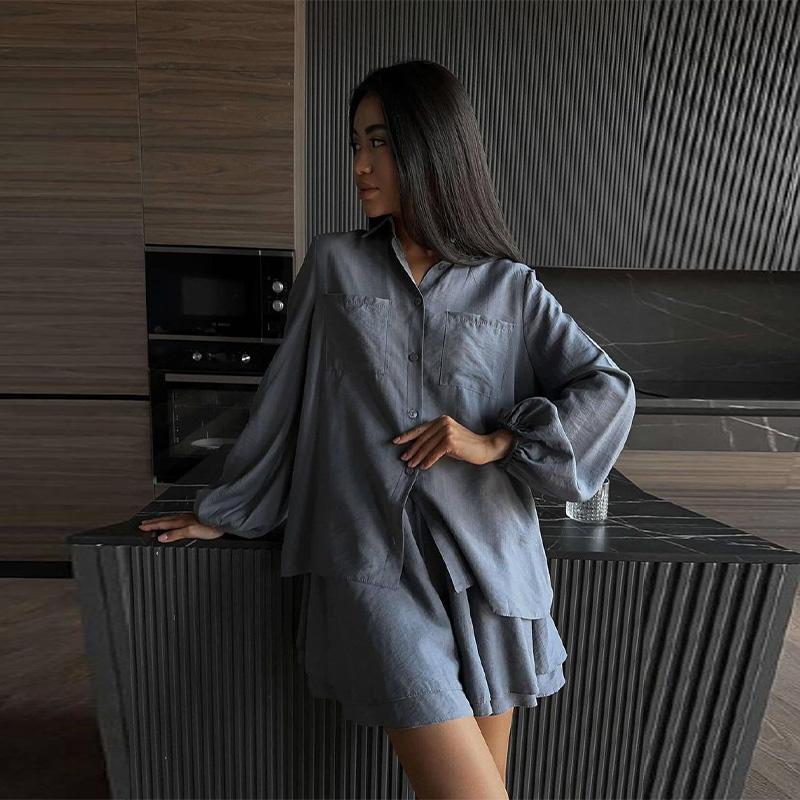 2024 Summer Women's Long-sleeved Tops Ruffled Shorts Casual Fashion Suits