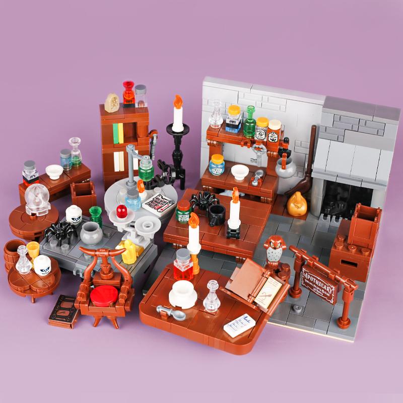 MOC Steine Mittelalter Alchemie Raum Küche Zauberer Trank Bausteine Teufelsquelle Schloss Straßenlaterne Hexen Figuren Szene Schädel
