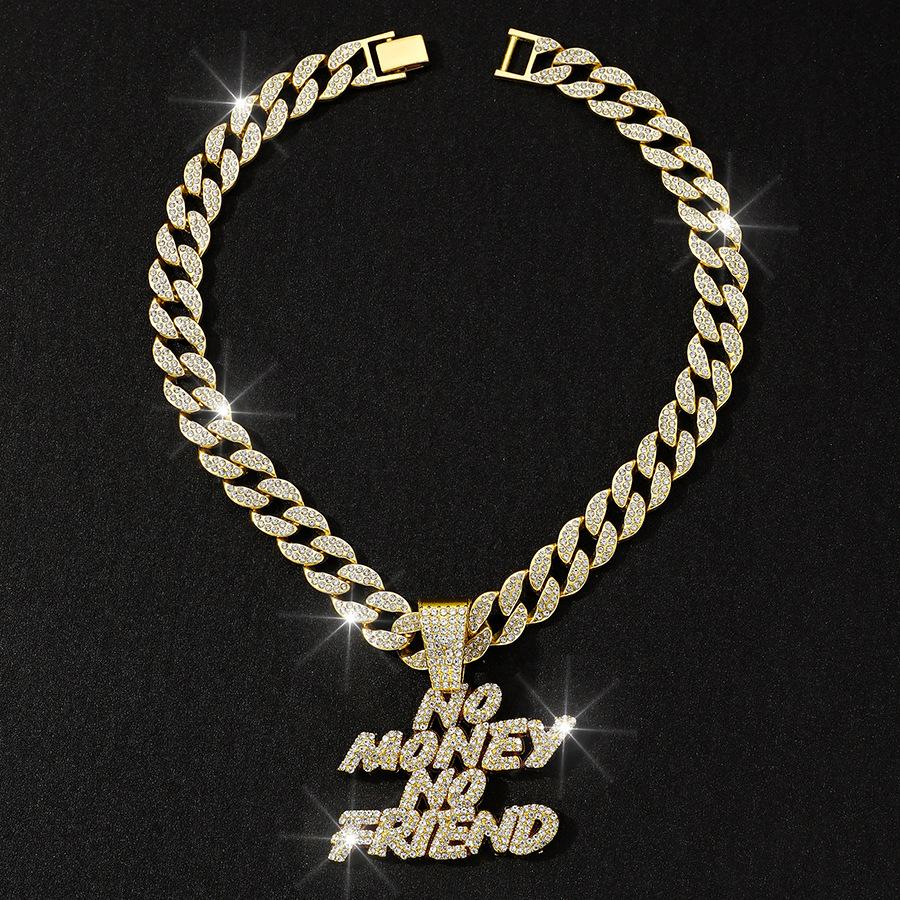 European and American New Product Full Diamond Letter NO MONEY NO FAIEND Hip Hop Personalized Alloy Pendant Cuban Chain