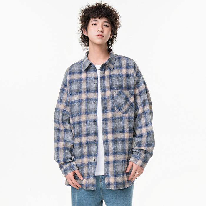 New Japanese Mid-length Shirt for Spring for Men's Fashion Trend Casual Plaid Shirt
