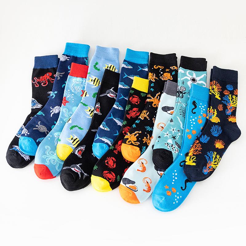 New Fashion Mens Socks Japanese Harajuku Happy Cartoon Socks Seahorse Crab Shrimp Coral Socks Trend Male Stockings Funny Socks