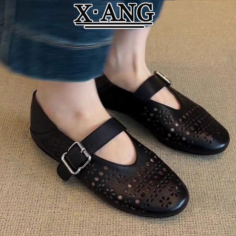 Leather Mary Jane shoes with soft soles are not tired women's shoes, one pedal flat-soled single shoes, hollow and breathable hole shoes