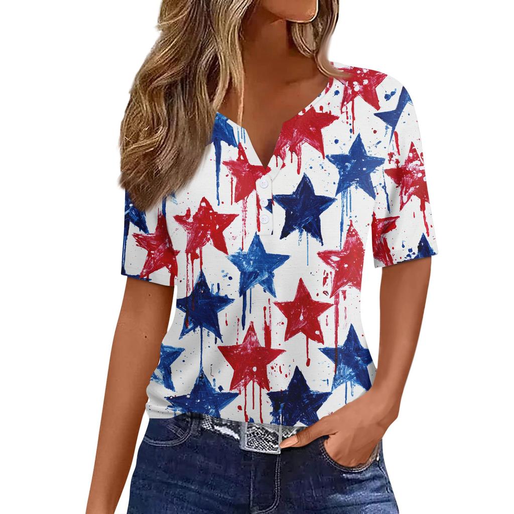 Women's T Shirt Independence Day Print Button Short Sleeve Daily Weekend Fashion Basic V- Neck Regular Top