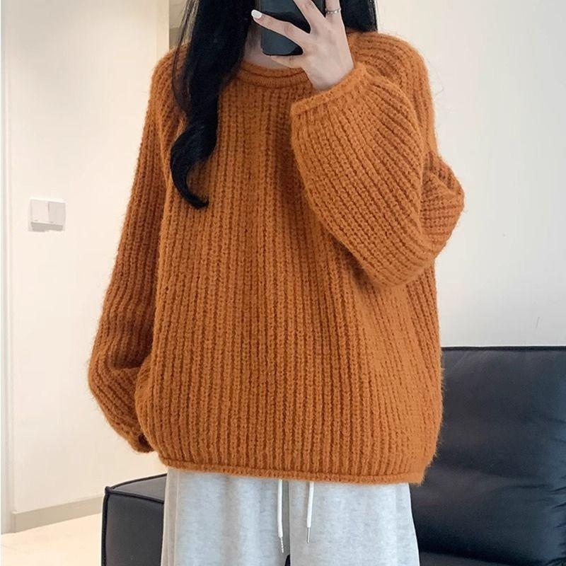Autumn Winter Women's Cream Yellow Sweater Loose Slimming Lazy Style Outer Wear Knit Crew Neck Pullover Top