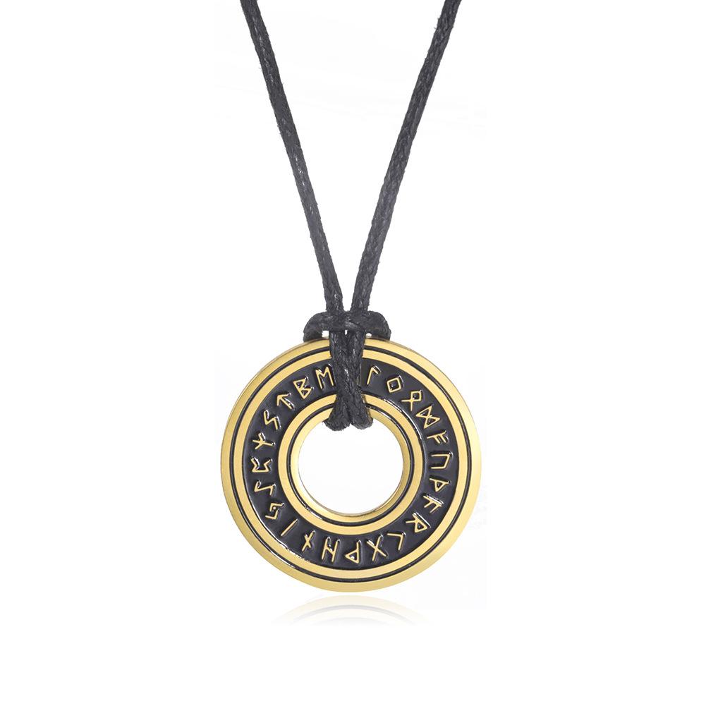 Collier Pendentif Rune Cercle Creux Découpé en Acier Titane Vintage avec Cordon en Cuir