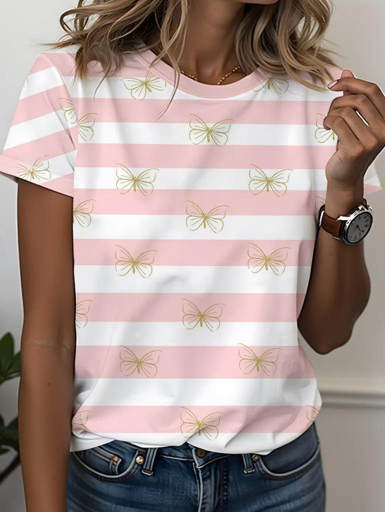 Women's Contrasting Striped Printed T-Shirt Round Neck Loose Short Sleeved Fashion Simple Commuting Top Y2k Tee Woman Clothing
