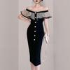 New 2021 Summer Dot Mesh Lace Party Dress Slash Neck Sexy Bodycon Black Knee-Length Occasion Vestido Feminino