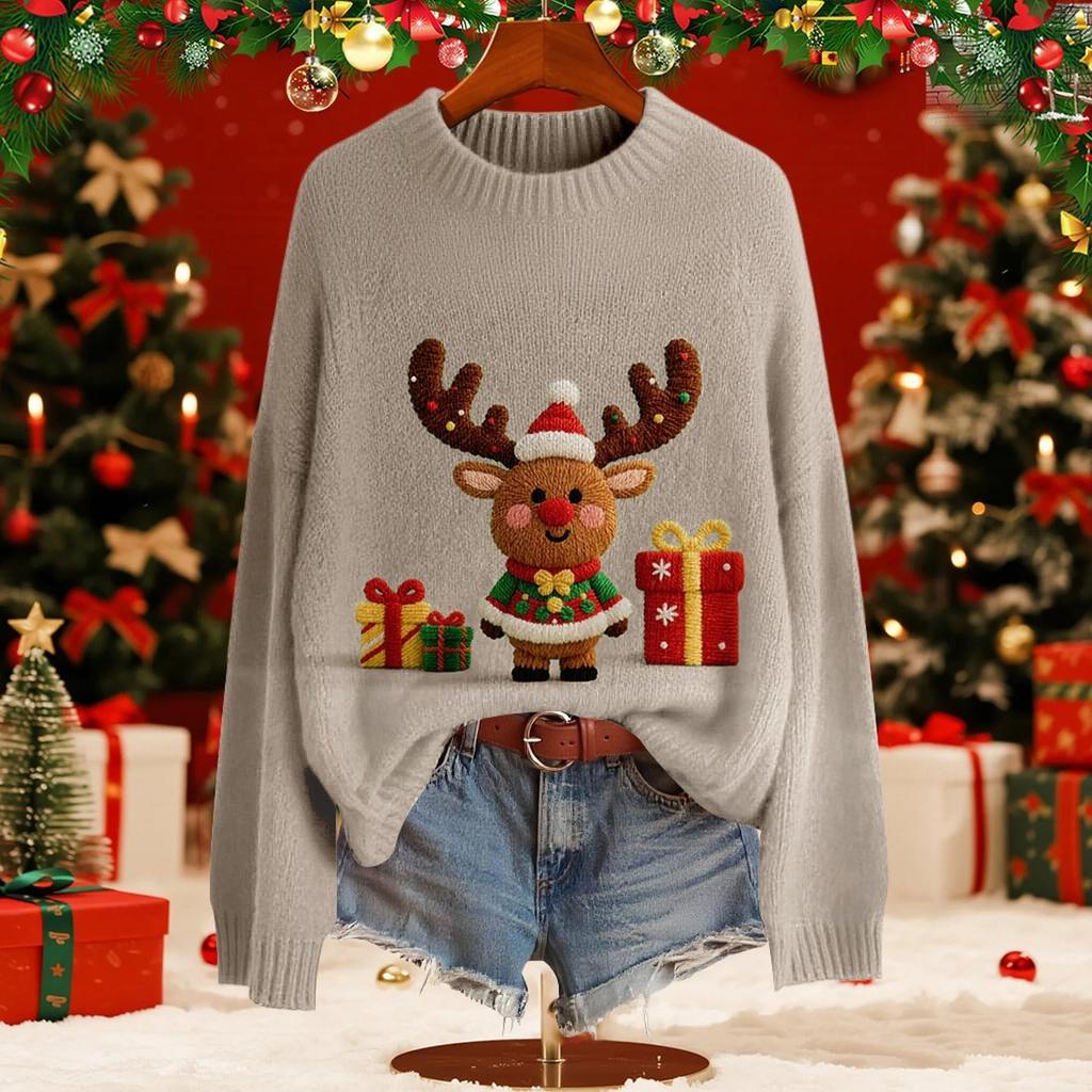 Women's Fashion Christmas Print Pullover Long-Sleeve  Neck Knit Sweater Top