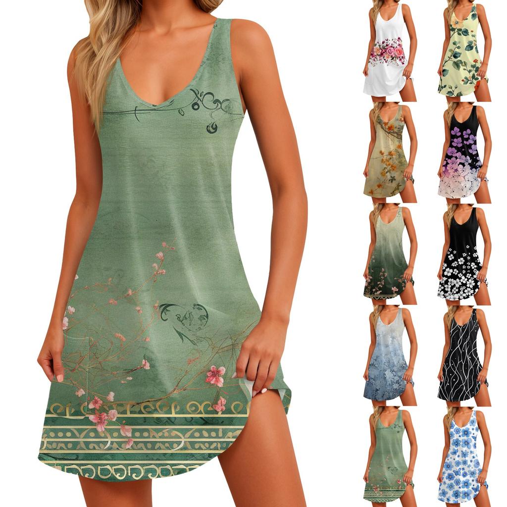 Women's Casual Sundress With Pockets Summer Boho Beach Dress Floral Blouses For Women T-Shirts Dress V Neck Loose Tank Dresses