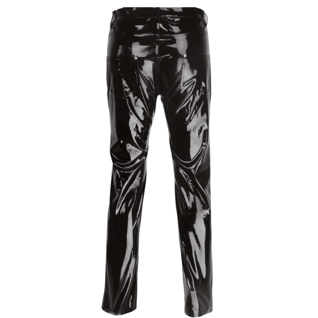 Pantalon Homme Aspect Mouillé Brillant Cuir Verni Taille Moyenne Jambe Droite Pantalon de Performance de Scène de Boîte de Nuit