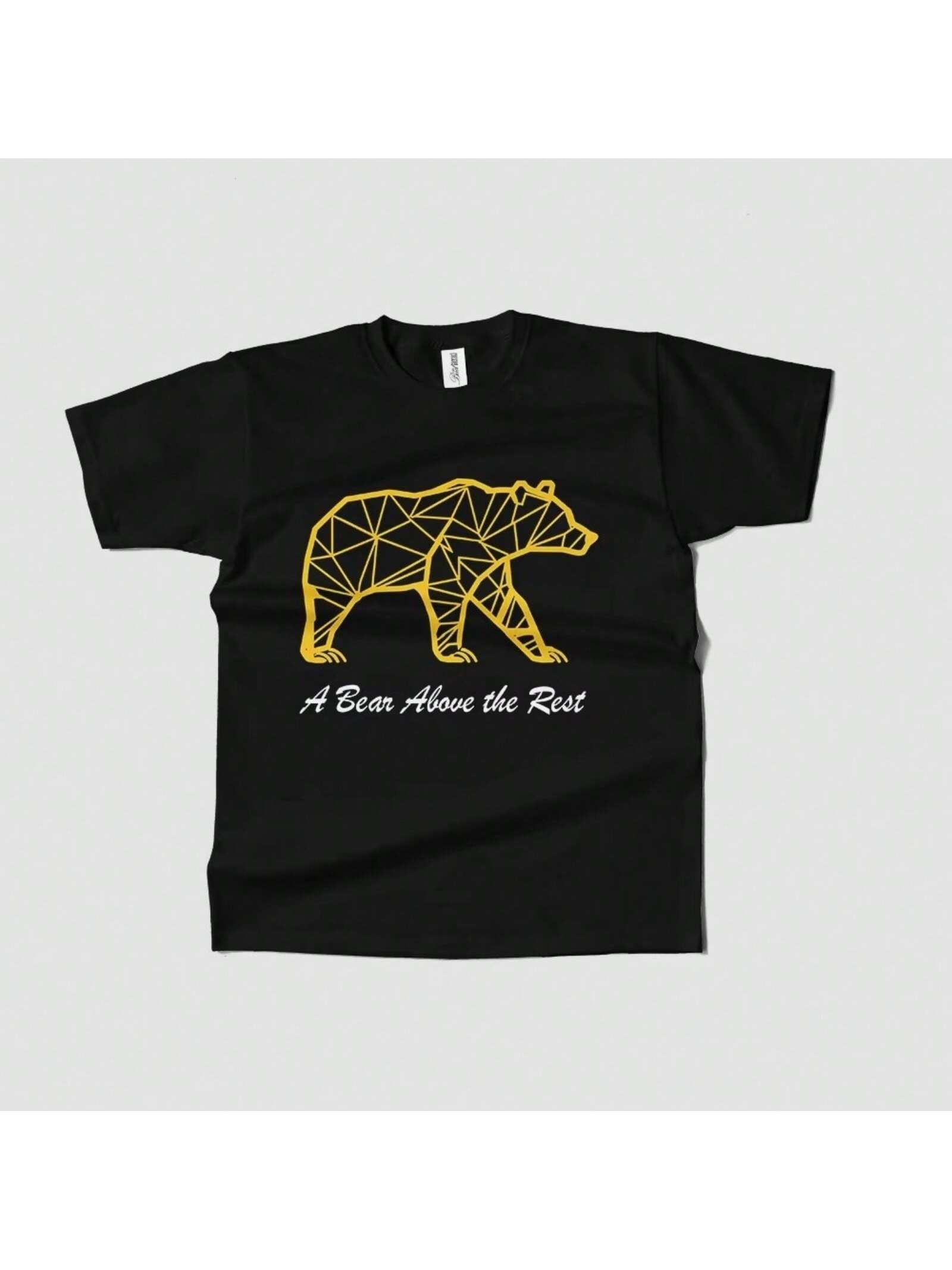 s Black T-Shirt With Geometric Bear Print And A Bear Above The Rest Text Casual Summer Tee Outdoor Streetwear S разноцветный