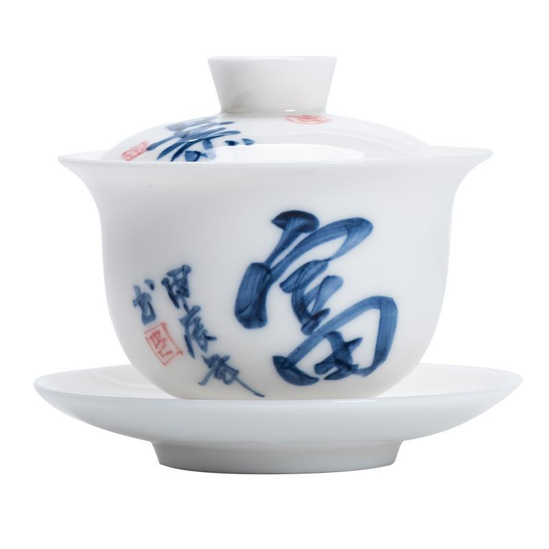 Hand-painted Suet Jade Porcelain Three Talents Cover Bowl Teacup Kung Fu Tea Set Tea Bowl Modern Creative Large-capacity Gifts