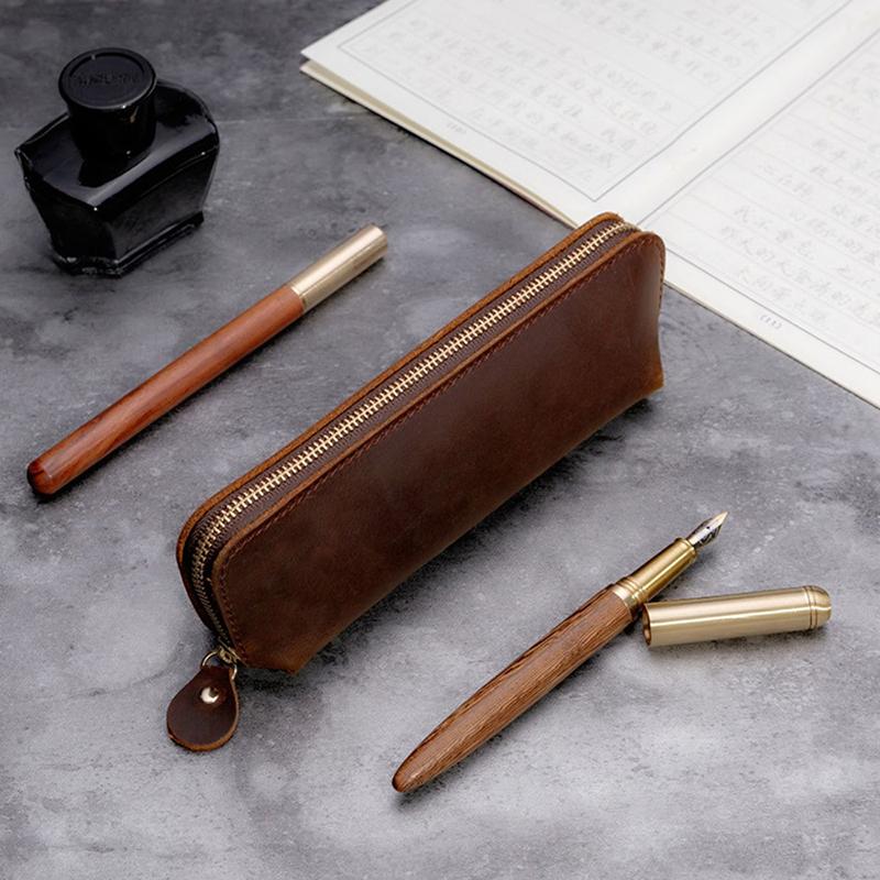 Personalized Real Leather Pencil case Custom Pens Case Aesthetic Pouch Genuine Leather Pens Bag