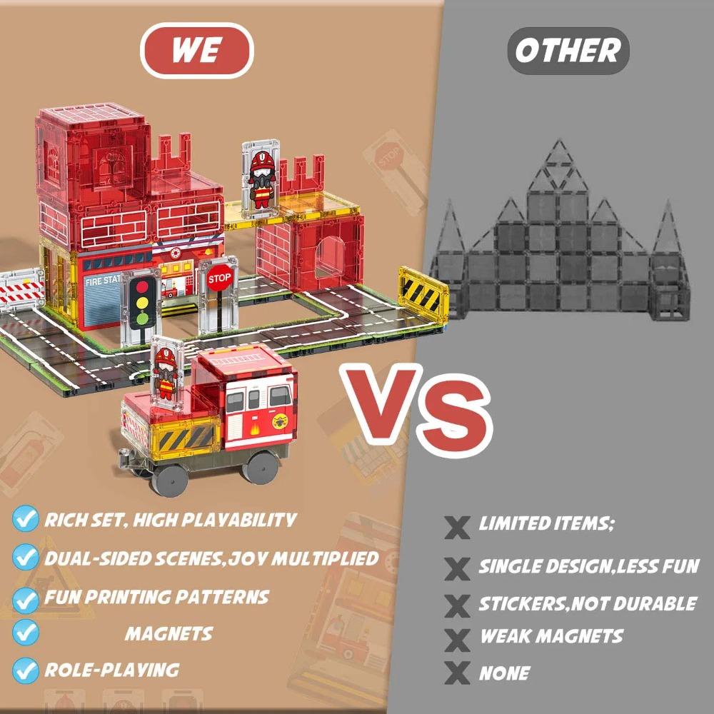 Magnetic Building Blocks Firefighting Theme Magnet Tiles with Fire Truck & Station Kids Montessori STEM Educational Sensory Toys
