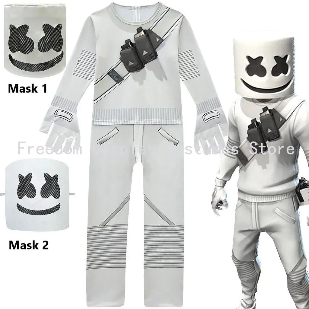 Costume di Halloween Cosplay Bambini DJ Marshmello con Ragazzi Ragazze 842 Tuta Festa di Carnevale Body Sillabe Elettriche