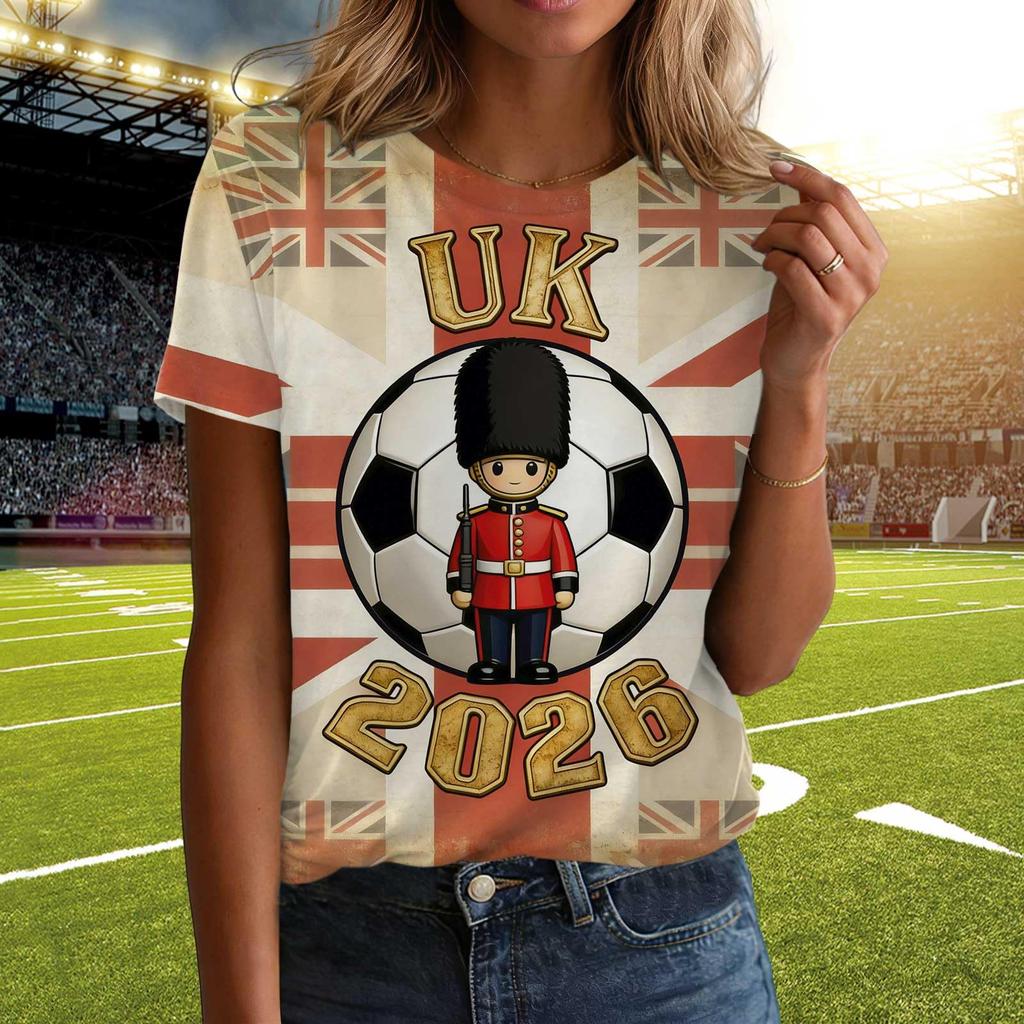 Ladies Casual Pullover T Shirt Short Sleeve Crew Neck Top with Letter Print for Football Support England 2026