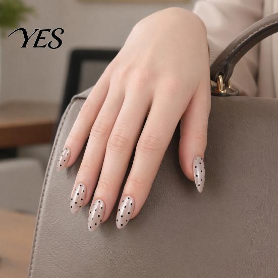 Black Dot Fake Nails 24Pcs Polka Dots Press on Nails, Long Almond Stick-on On Glossy Full Cover Glue False for Women Girls Comfortable