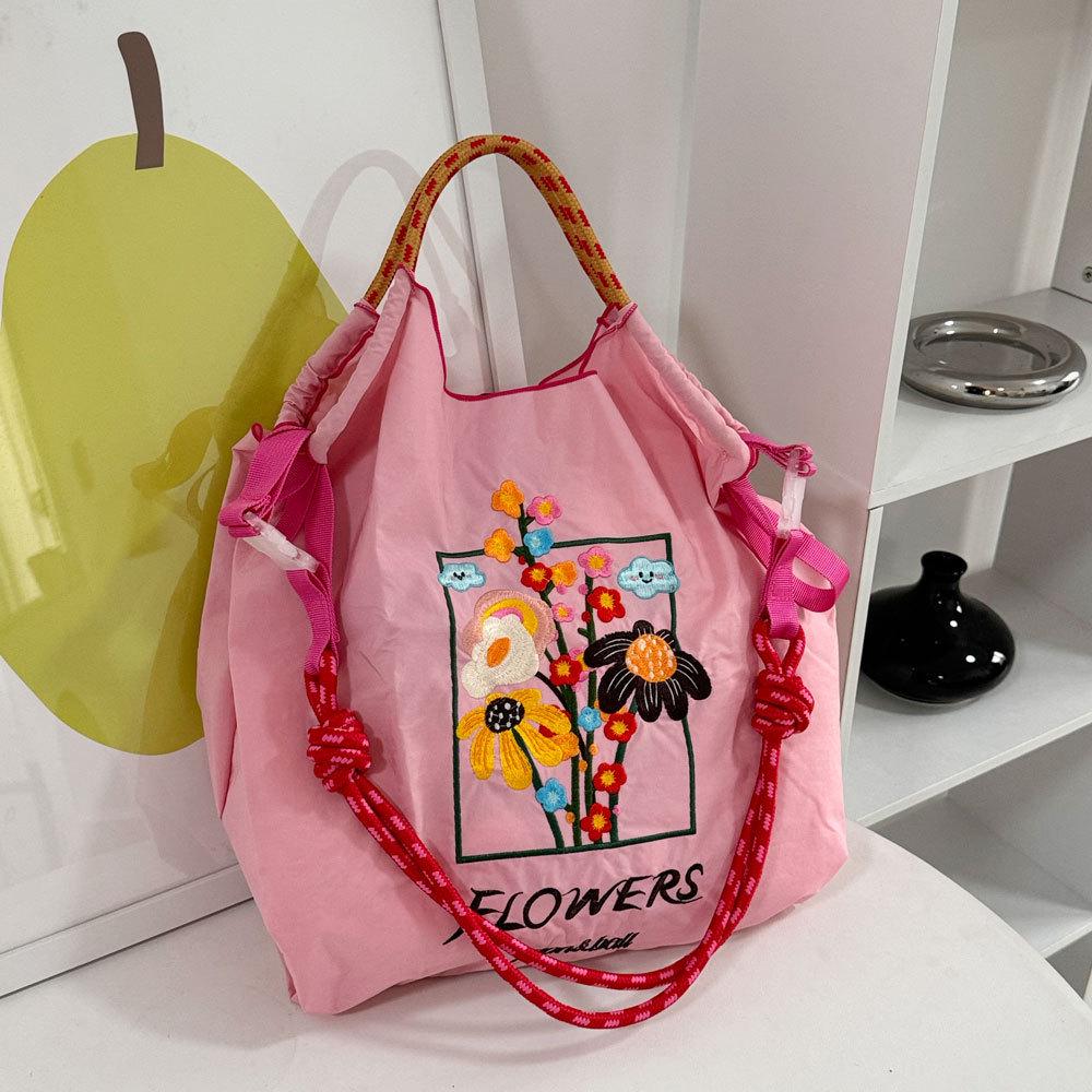 Japanese Style Handmade Waterproof Nylon Canvas Bag with Embroidered Patterns, Large Capacity