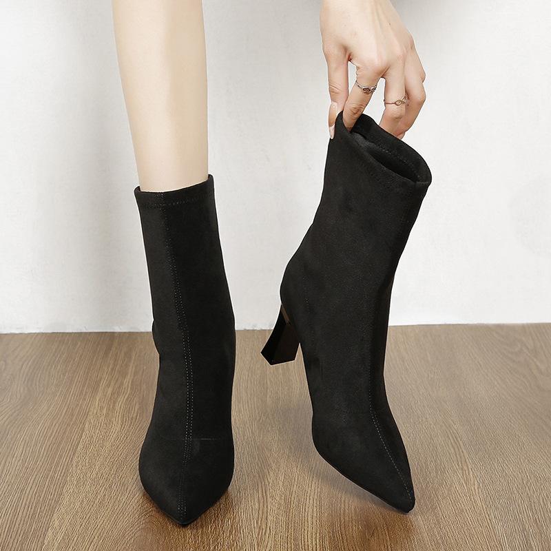 Fashion versatile pointed thick heel elastic boots women's spring and autumn new high heel sleeve thin boots suede fashion boots