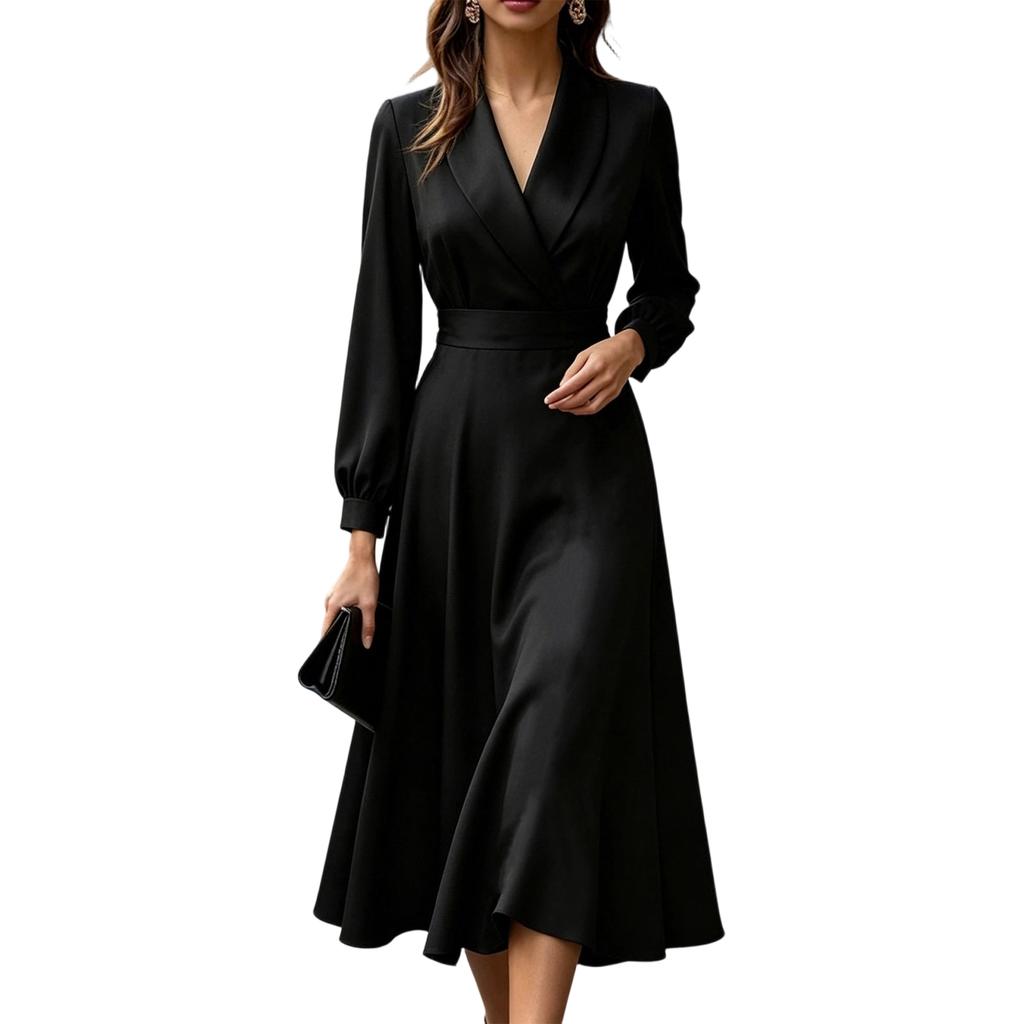 Damen-Midi-Kleid mit langen Ärmeln, Blazer-Kragen, tailliertem Schnitt und ausgestelltem Rock, elegantes Büro-Stil-Kleid für die Arbeit und formelle Anlässe