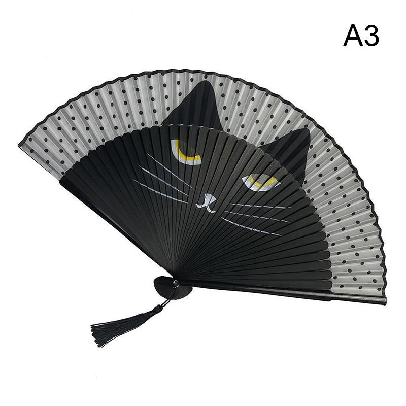 1 Piece Cat Pattern Bamboo Folding Fan For Women Cute Cartoon Cat Hand Fan Kimono Bathrobe Hand Fan Crafts Decoration