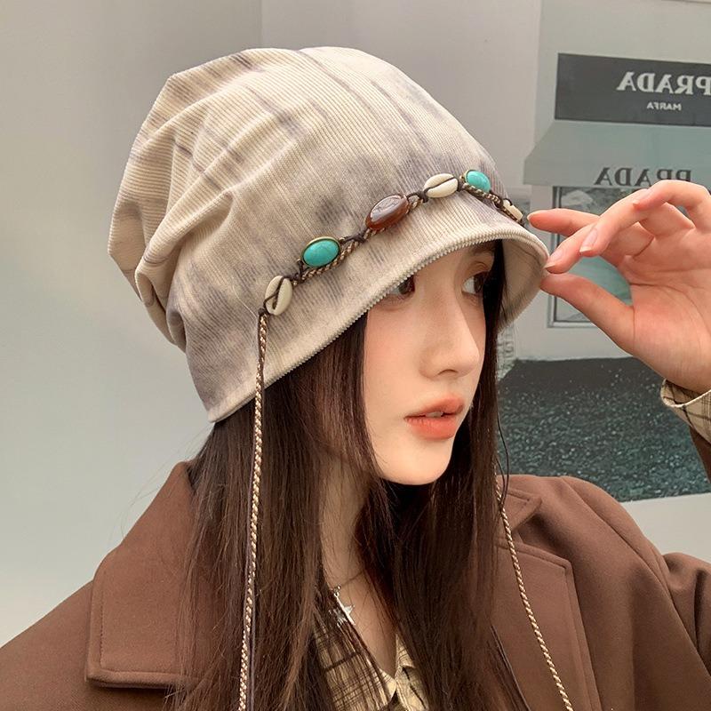Autumn and winter hats, women's big head circumference shows a small face, cold hats, retro versatile stacking hats, warm wool knitted hats