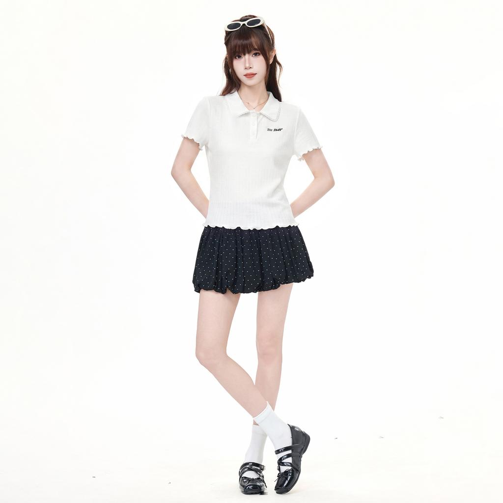 Korean White Polo Collar Letter Embroidered Short-sleeved T-shirt Summer Fungus Edge Unique Design Top Women