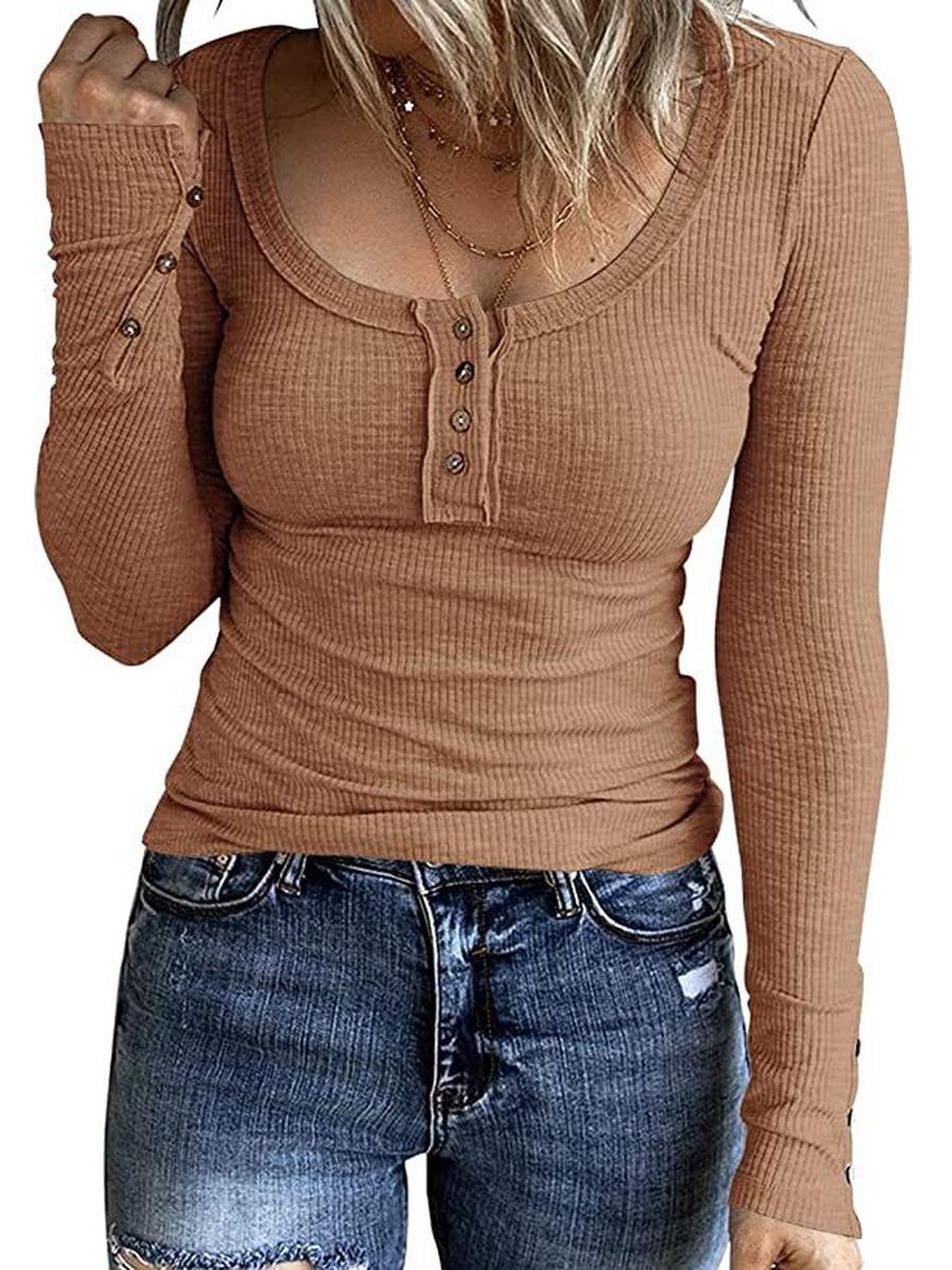

Autumn New Arrivals Women s Buttoned Back Tops V-Neck Long Sleeve T-Shirt XXL темного кольору хакі