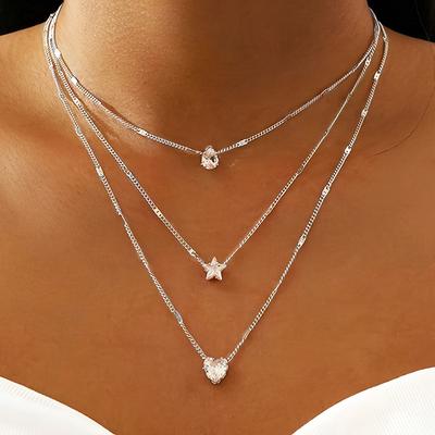 Elegante Set di Collane Multistrato da Donna, Ciondoli a Forma di Cuore, Stella e Goccia, Impreziosito da Strass, Versatile per l'Uso Quotidiano e le Feste