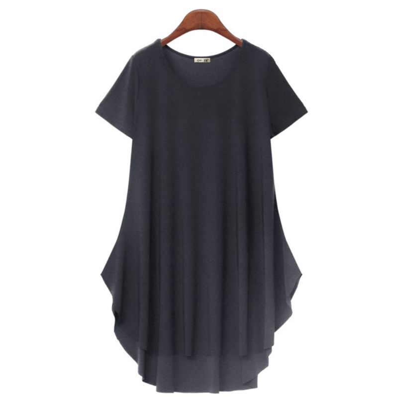 Cross-Border Foreign Trade Casual Minimalist Summer New round Neck Dark Blue Loose Short Oversleeves Front Short Back Length Dress