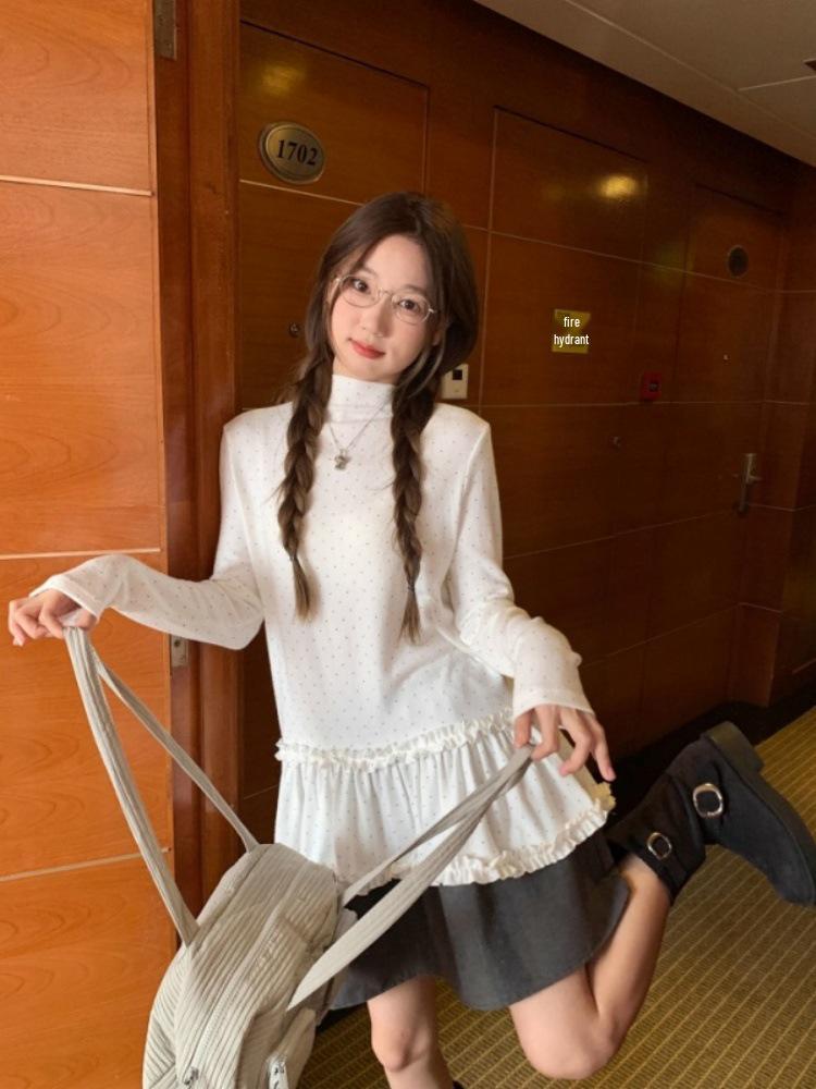 Korean-Style Polka Dot Ruched Long Sleeve T-Shirt – Autumn/Winter Slimming Casual Top