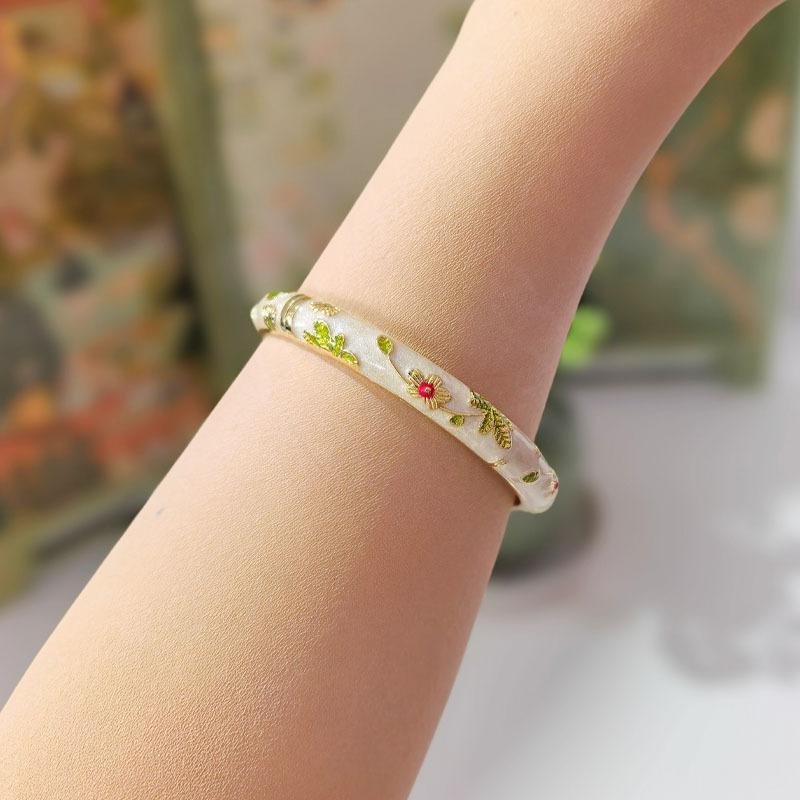 Bransoletki z emalii cloisonné z ręcznie malowanym wzorem kwiatowym, pozłacane brzegi, do noszenia na weselu, na co dzień, modna biżuteria