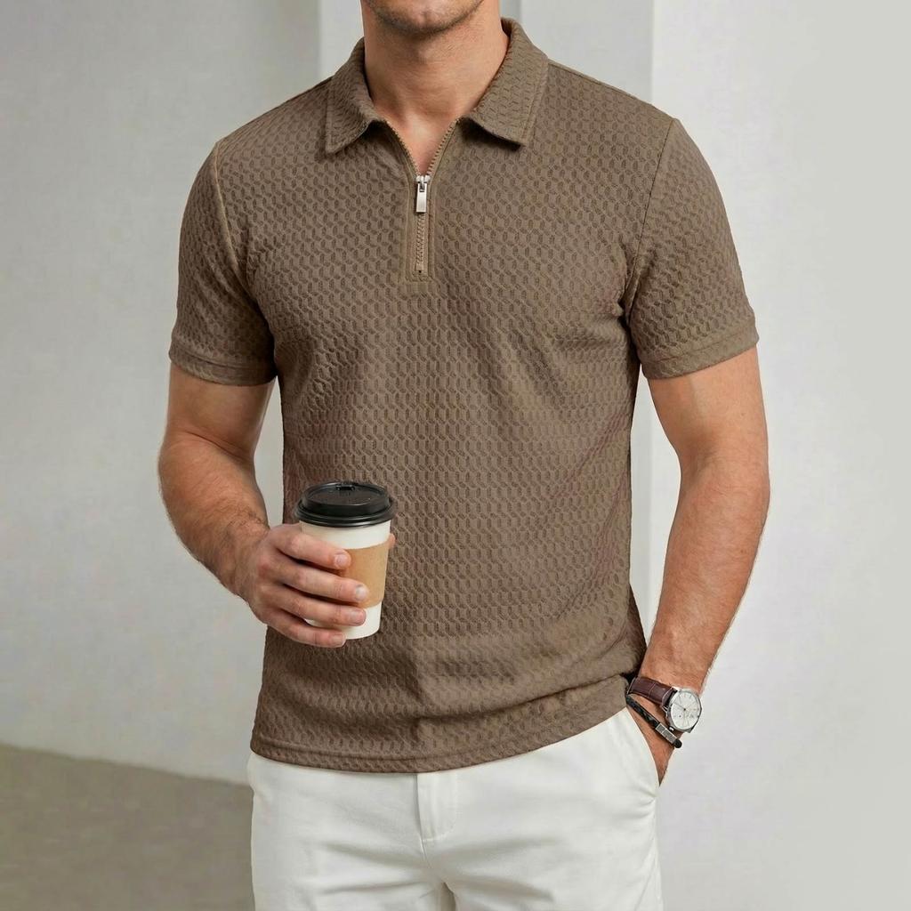 Men's New High-End Nylon Stretch Lapel Zipper Short Sleeve Plaid Casual Sports Golf Shirt