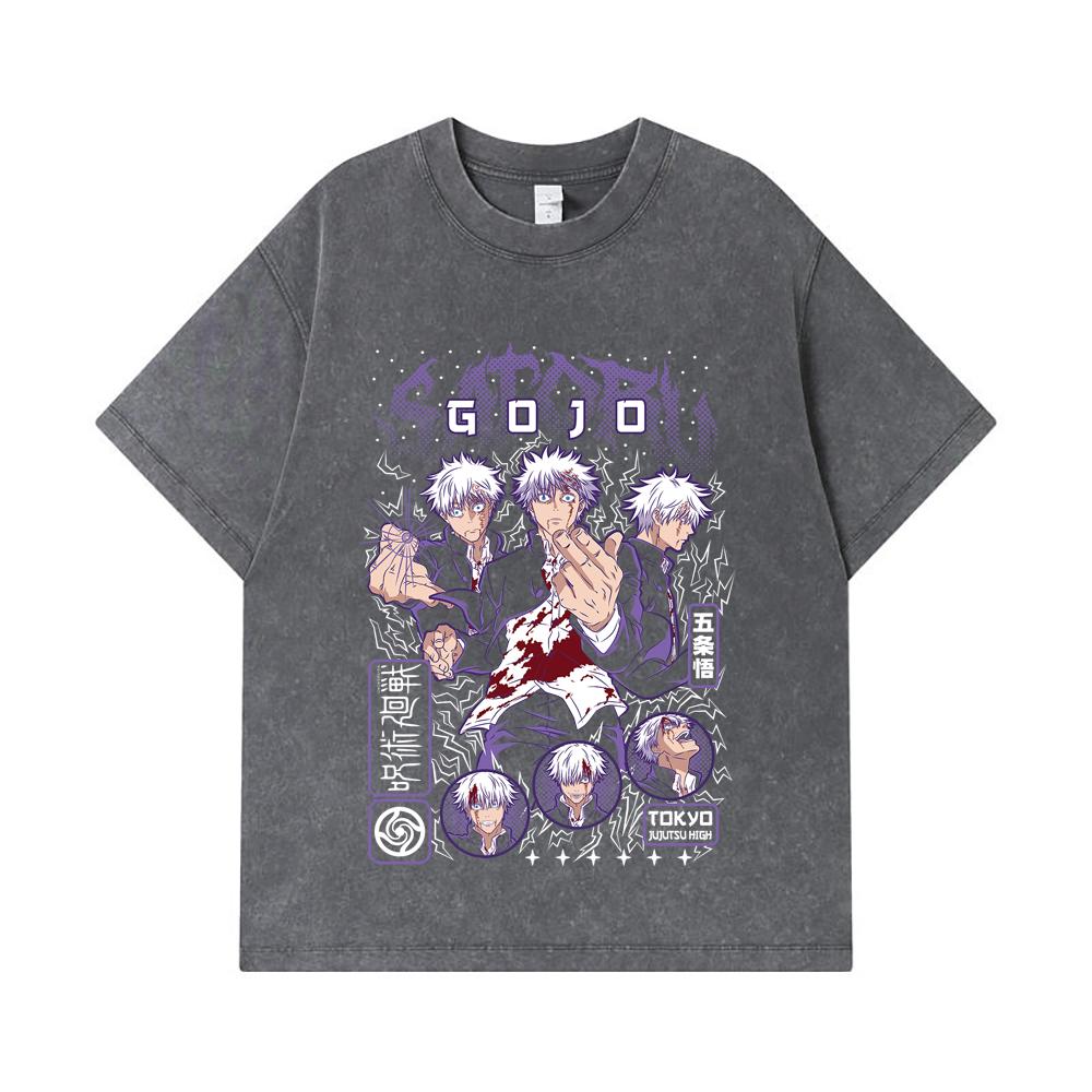 275 GSM Washed T-shirts 100% Cotton Jujutsu Kaisen V24 Gojo Print Unisex Heavy Cotton T Shirt