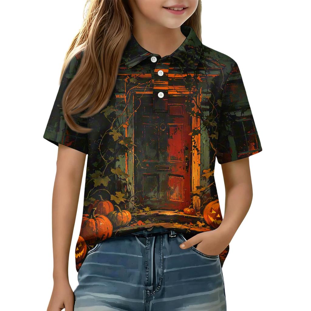 Kinder Halloween Aufdruck Poloshirt Kurzarm Lässiges T-Shirt Leichter Atmungsaktiver Stoff Bequeme Passform für Jungen Mädchen