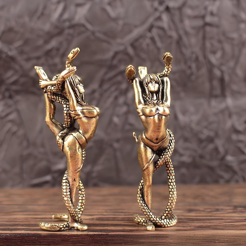 Solid Brass Women And Snake Furniture Ornaments Living Room Desk Tea Pet Crafts Bronze Miniatures Decoration