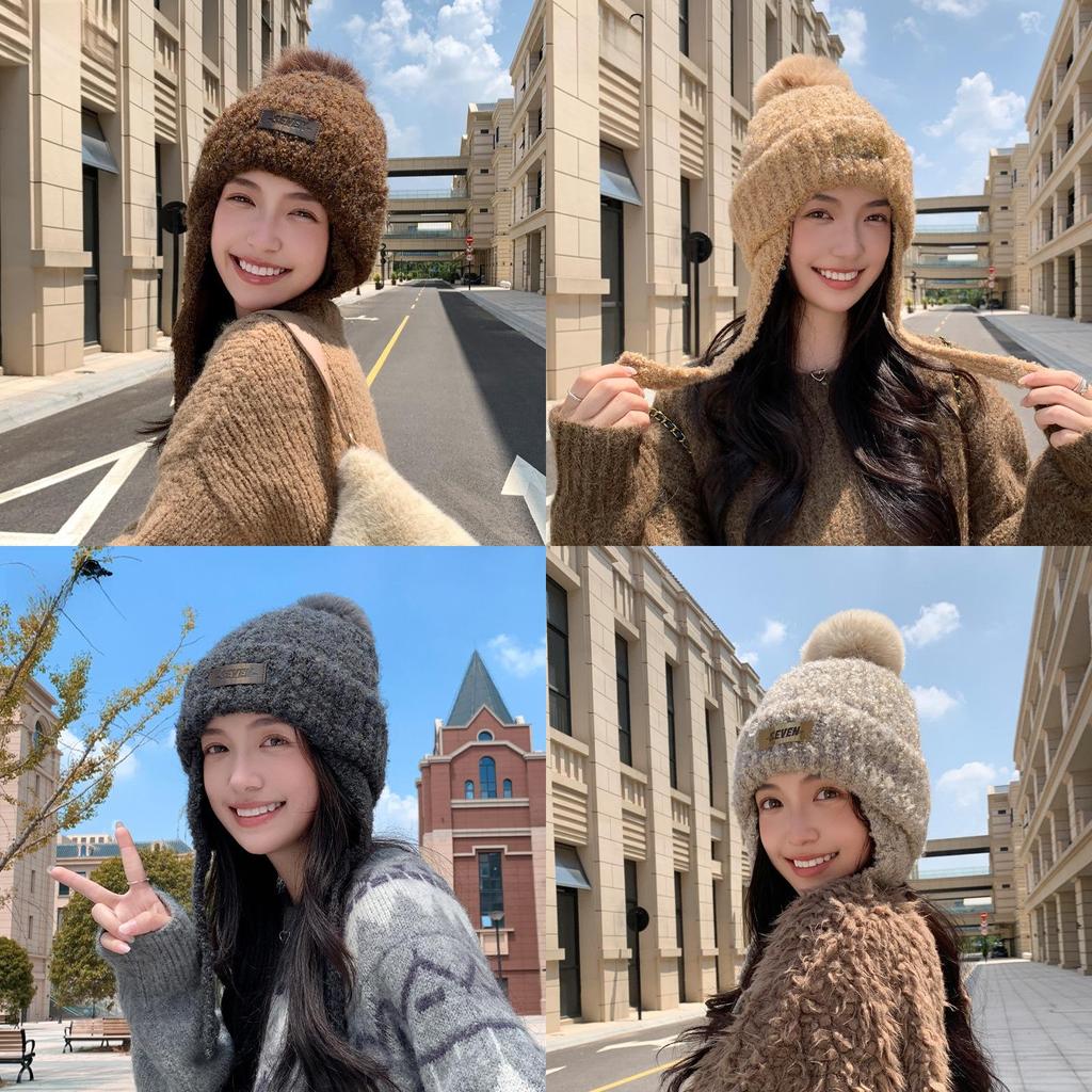 Autumn Winter Knitted Hat With Earmuffs For Women Breathable Warmth Casual Style