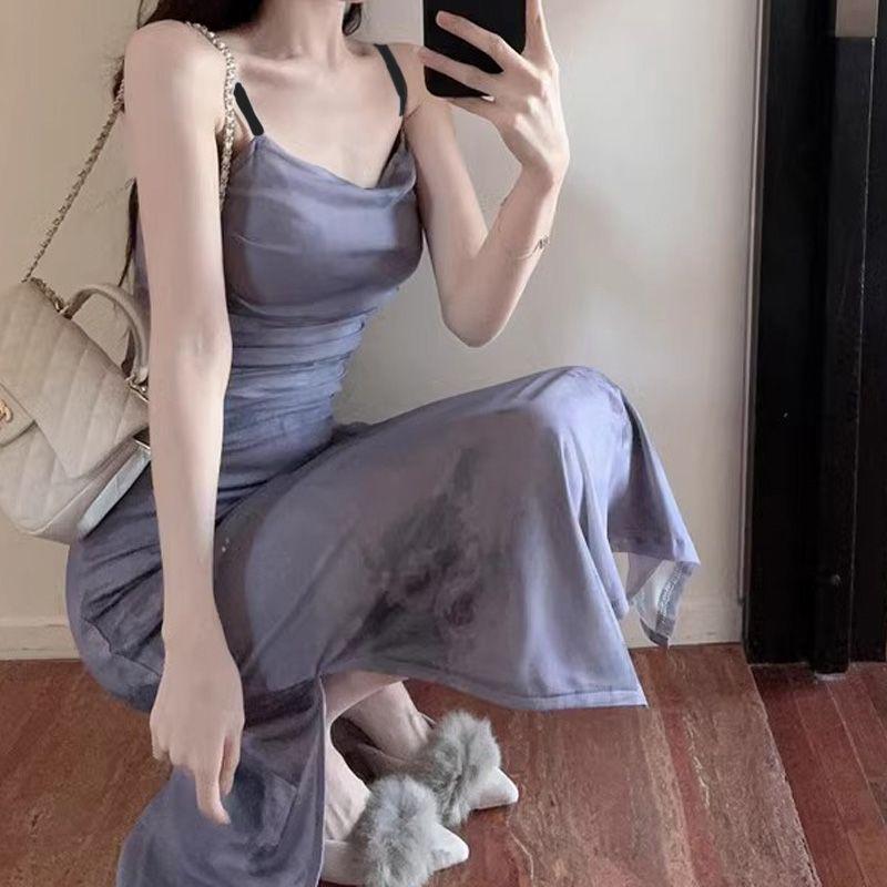 Rose Tie-dye Pleated Sexy Slim Slim Slim Split Dress Children's French Suspender Dress Summer New