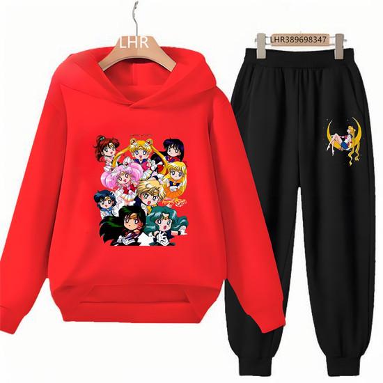 Herbst Hoodie Sailor Moon Print Kinder Mädchen Rosa 3-12 Jahre Sweatshirt+Hose Sport Pullover Jacke Freizeit Mode Anime Set