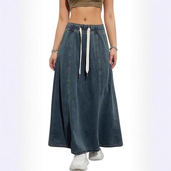 Women's Elastic Waist Denim Swing Skirt Women's Casual Long Skirt with American Design