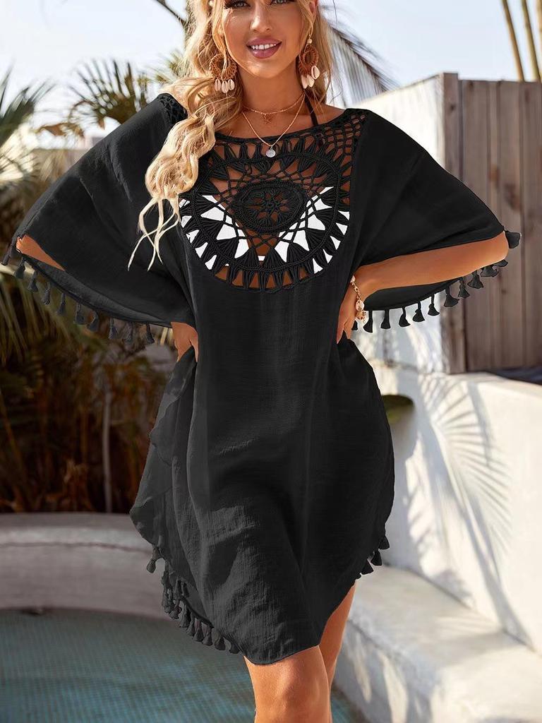 2021 Plus Size Off-Shoulder Tassel Cutout Beach Cover-up